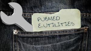A wrench and a piece of paper reading "PubMed E-Utilities" stick out of the backpocket of a pair of jeans
